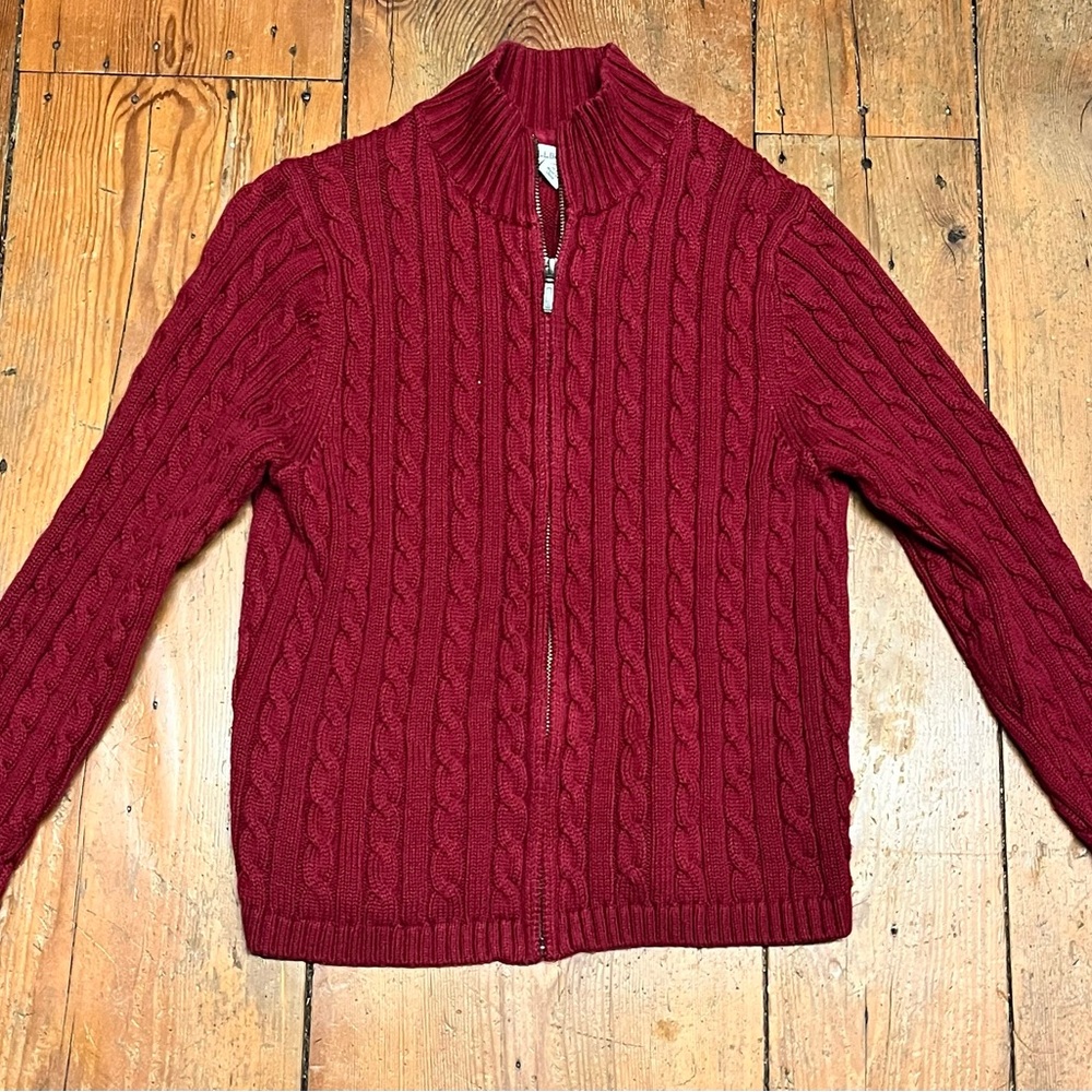 L.L. Bean Women's Burgundy Cable-Knit Zip Sweater